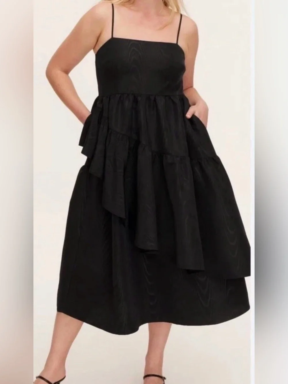 Kate Spade Black Ruffle Layered Formal Dress Sz XL Wood grain pattern Wed Guest